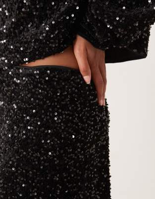 Asos Design Velvet Sequin Wrap Midi Skirt Set In Black
