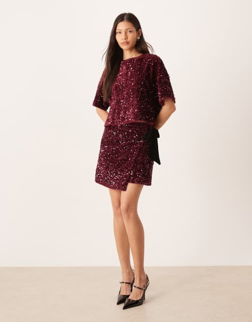 ASOS DESIGN velvet sequin wrap mini skirt set in burgundy, 4 of 5