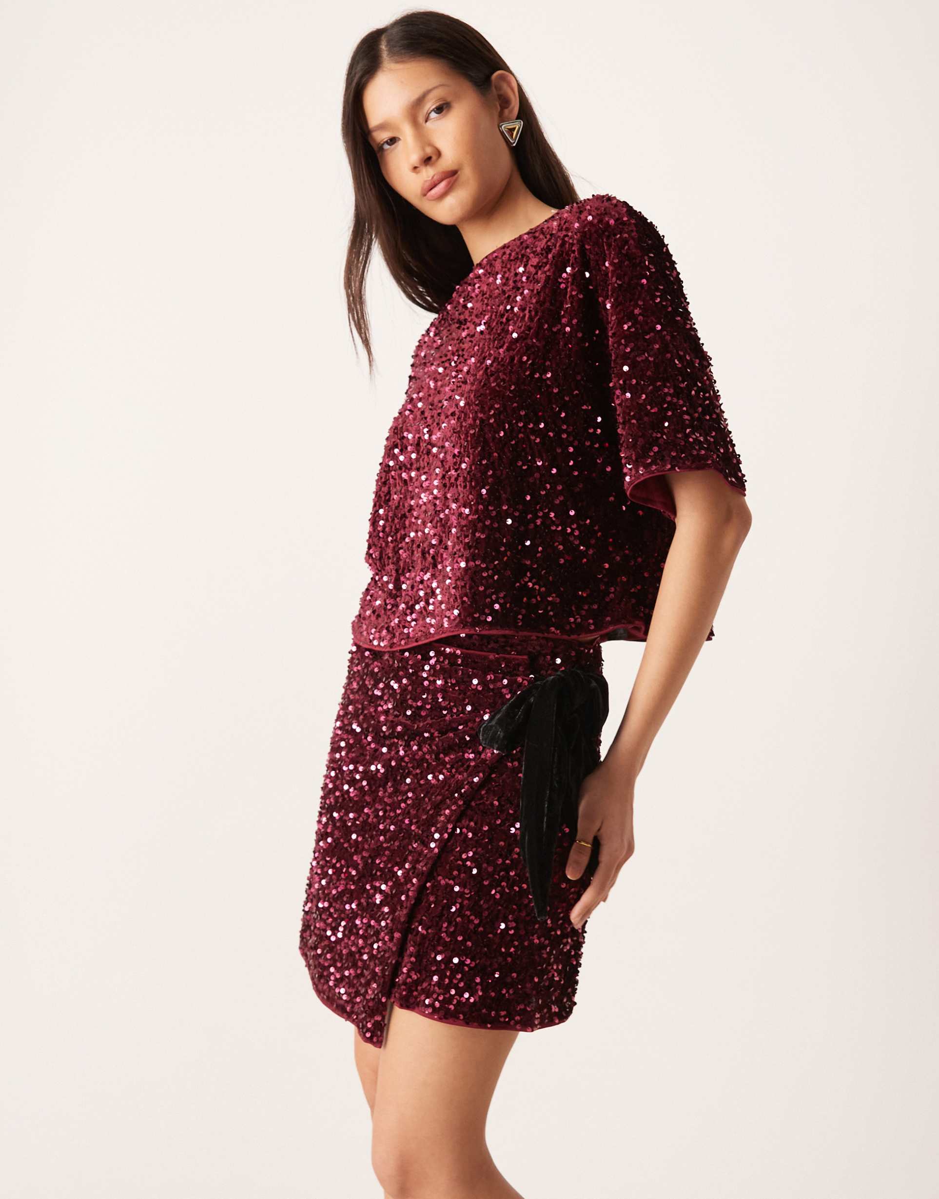 asos design velvet sequined wrap mini skirt in burgundy - part of a set