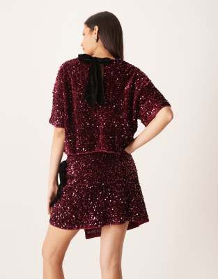 Asos Design Velvet Sequined Wrap Mini Skirt In Red