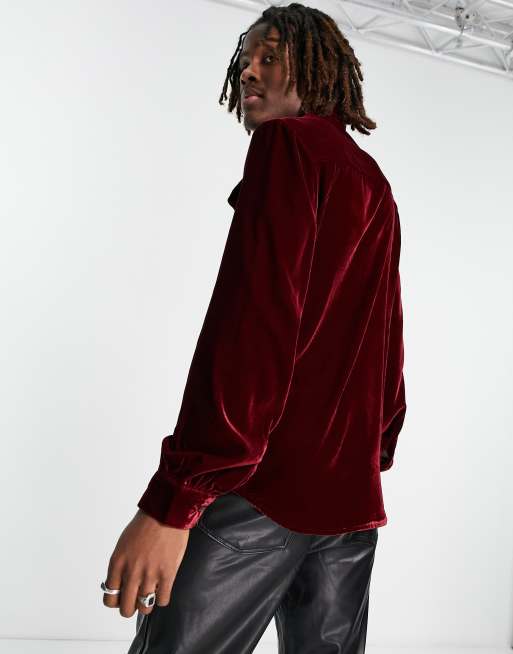 ASOS DESIGN velvet shirt with pussybow tie neck in red, 3 of 4
