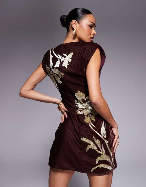 ASOS DESIGN velvet shoulder pad mini dress with floral embellishment in mulberry