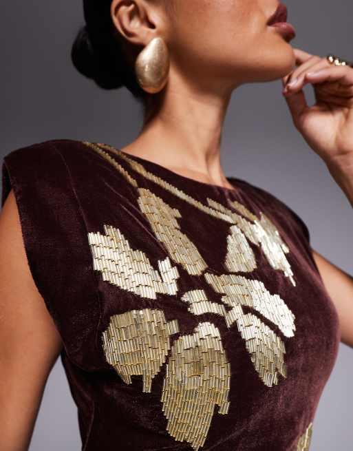 ASOS DESIGN velvet shoulder pad mini dress with floral embellishment in mulberry