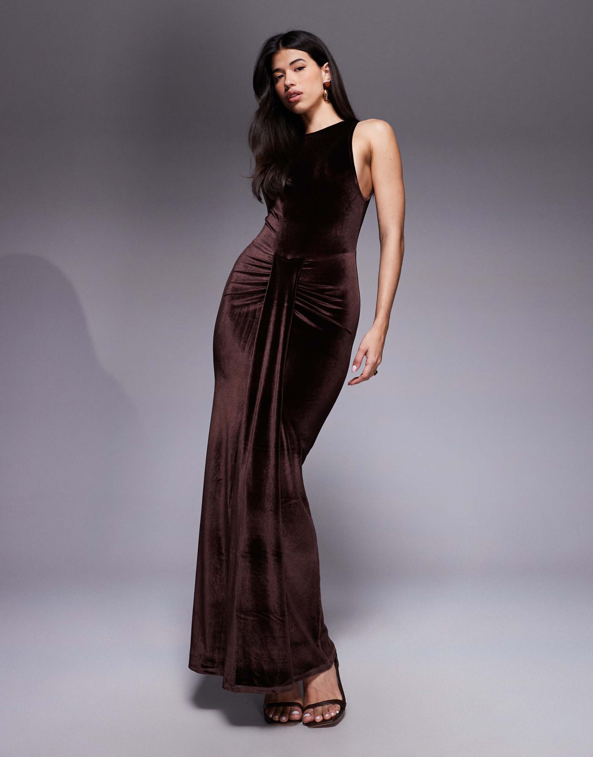 asos design velvet slash neck open back maxi dress with sash in chocolate