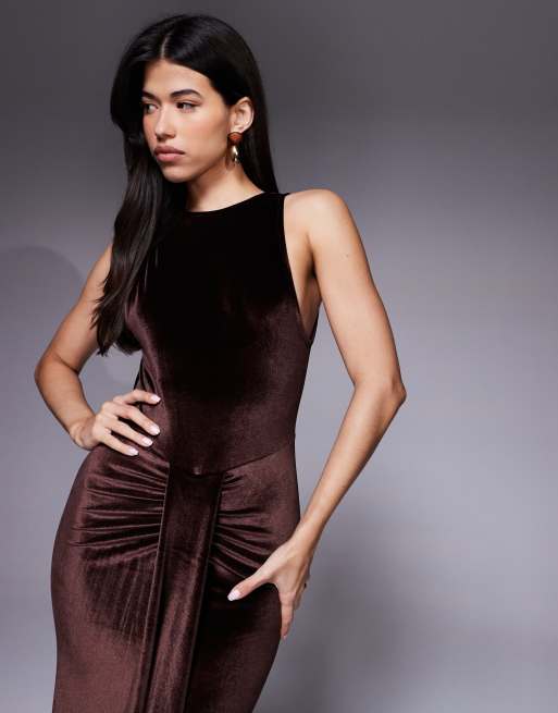 ASOS DESIGN velvet slash neck open back maxi dress with sash in chocolate, 2 of 4