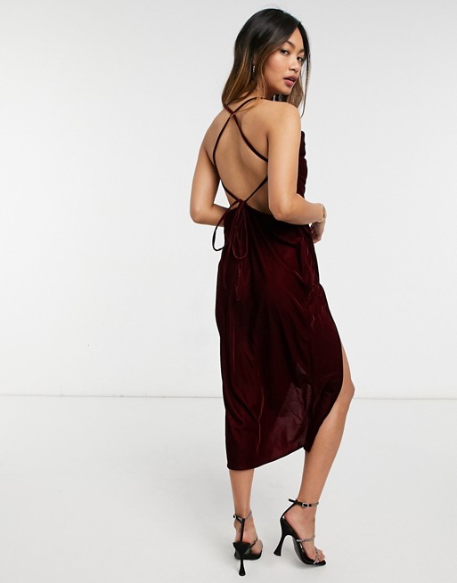 ASOS DESIGN velvet slip dress with strap detail in wine