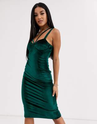 ASOS DESIGN velvet strappy cupped midi dress-Green