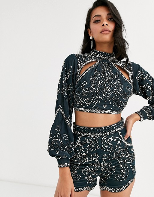 ASOS DESIGN velvet studded top co-ord with cut outs