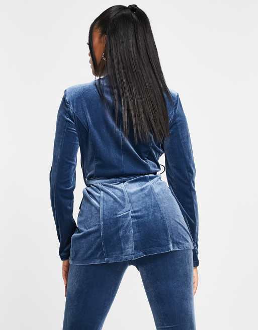 ASOS DESIGN velvet suit blazer with obi tie in blue ASOS