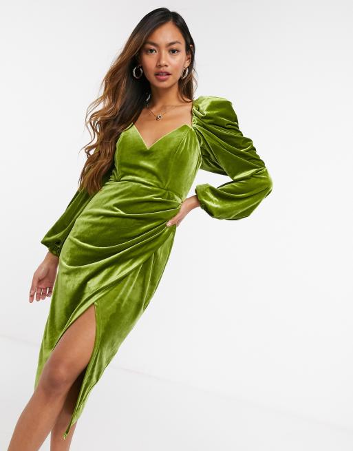 ASOS Design velvet sweetheart neckline midi bodycon tuck dress with puff  long sleeve in green