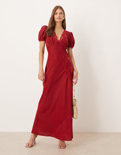 ASOS DESIGN velvet tea maxi dress with lace trim in red - view 1