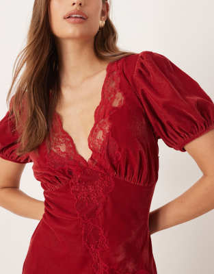 Asos Design Velvet Tea Maxi Dress With Lace Trim In Red