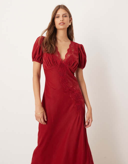ASOS DESIGN velvet tea maxi dress with lace trim in red