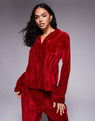 Asos Design Velvet Texture Pajama Set In Red