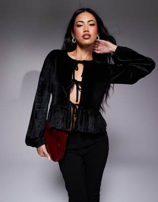 Asos Design Velvet Tie Front Long Sleeve Top In Black