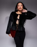 [ASOS DESIGN] ASOS DESIGN velvet tie front long sleeve top in black L Black