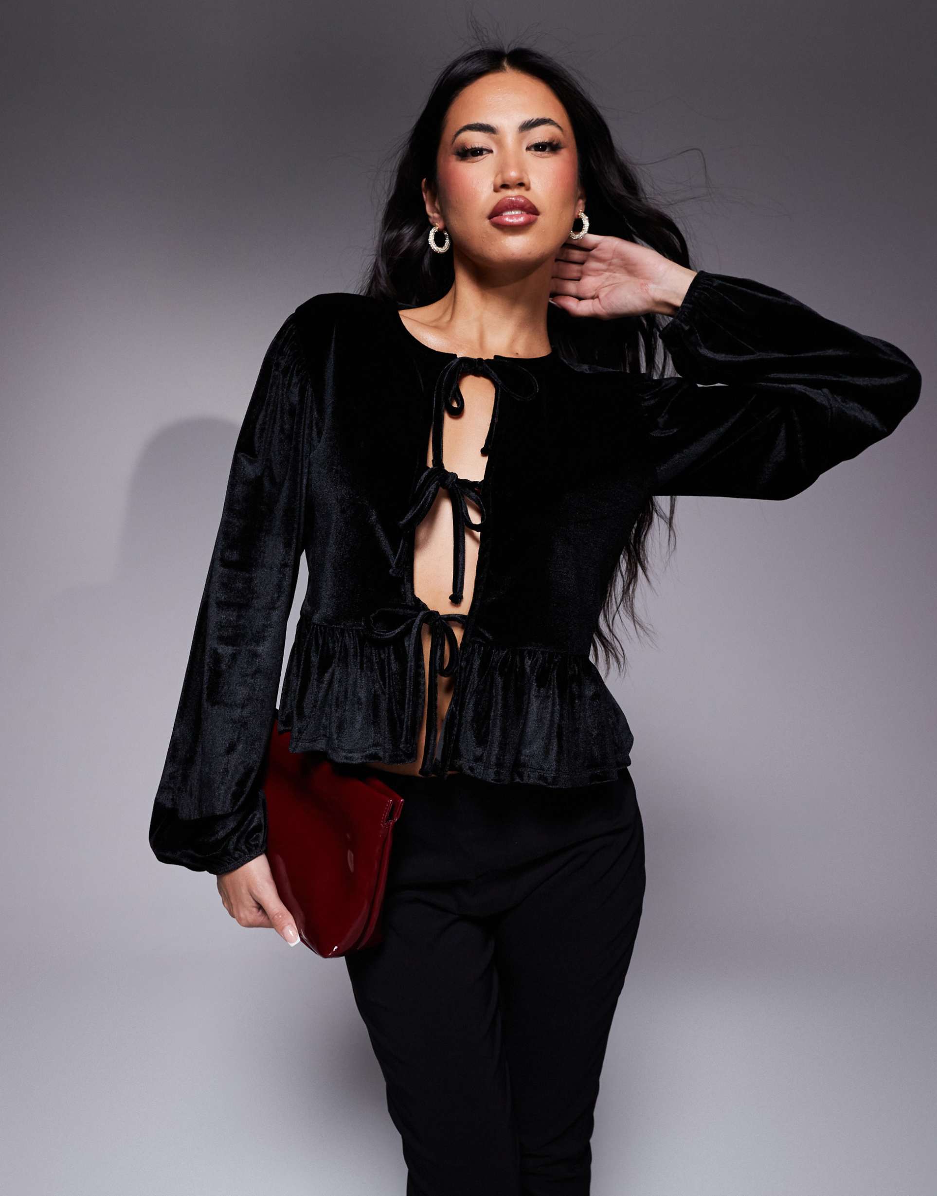 asos design velvet tie front long sleeve top in black