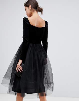 velvet bodice tulle midi dress