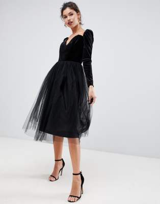 velvet bodice tulle midi dress