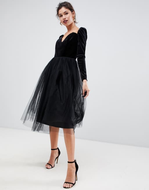 Velvet bodice hot sale tulle midi dress