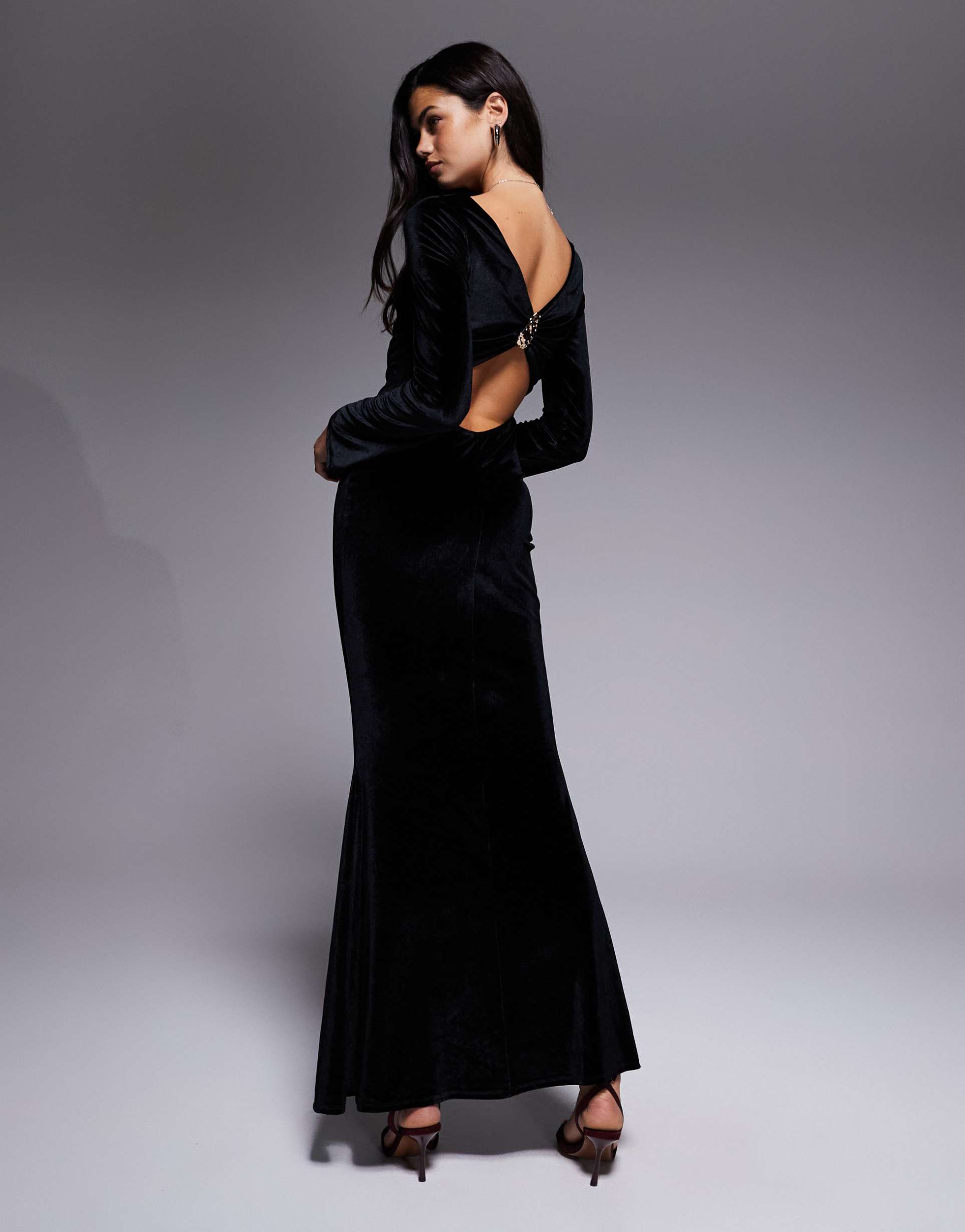 asos design velvet twist back maxi dress with embellished trim in black