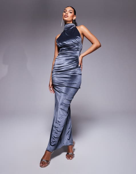 ASOS DESIGN velvet twist bust detail halter maxi dress with tie back neck in charcoal - view 1