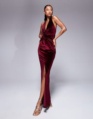 asos design velvet twist front deep plunge maxi dress in burgundy