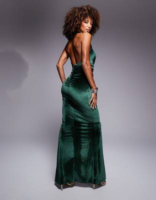 ASOS DESIGN velvet twist front deep plunge maxi dress in olive green | ASOS