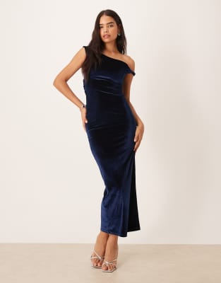 Asos Design Velvet Twist Shoulder With Lace-up Back Maxi Dress In Blue