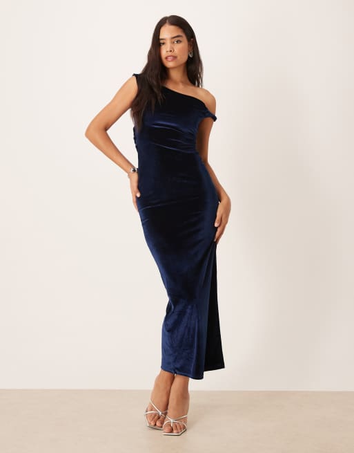 ASOS DESIGN velvet twist shoulder with lace up back maxi dress in navy