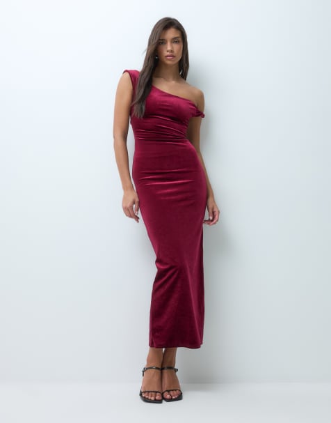 ASOS DESIGN velvet twist shoulder with lace up back midi dress in burgundy