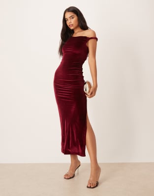 ASOS DESIGN velvet twisted shoulder midi dress with lace up back in burgundy-Red