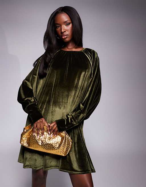 dark green mini dress Amanda Uprichard Arely in and long puff sleeves with smocking at the cuffs Lena Green Velvet Metallic Mini
