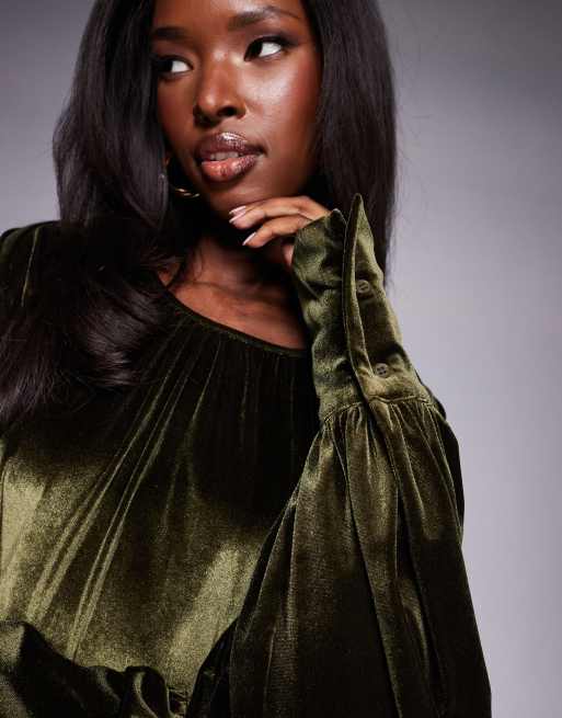 ASOS DESIGN velvet volume sleeve mini dress in green | ASOS
