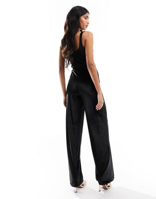 ASOS DESIGN velvet wide leg jumpsuit with cut out in black | ASOS