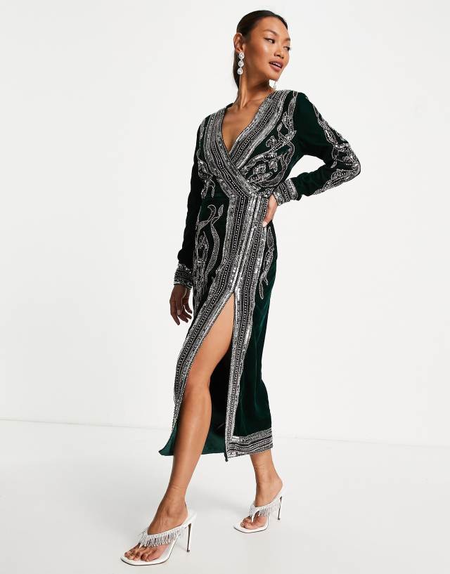 ASOS DESIGN - velvet wrap midi dress with floral and pearl embellishment