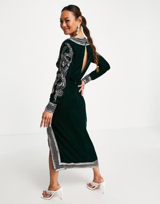 ASOS DESIGN velvet wrap midi dress with floral and pearl embellishment