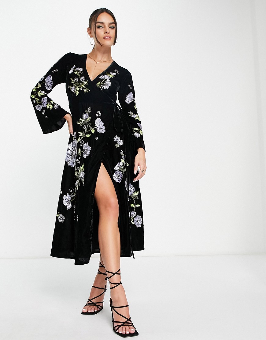 ASOS DESIGN velvet wrap midi dress with floral embellished detail in black