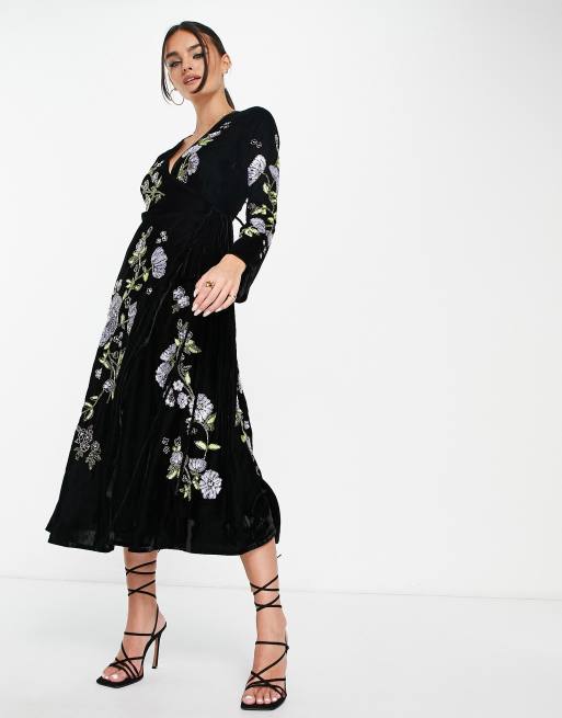 ASOS DESIGN velvet wrap midi dress with floral embellished detail in black