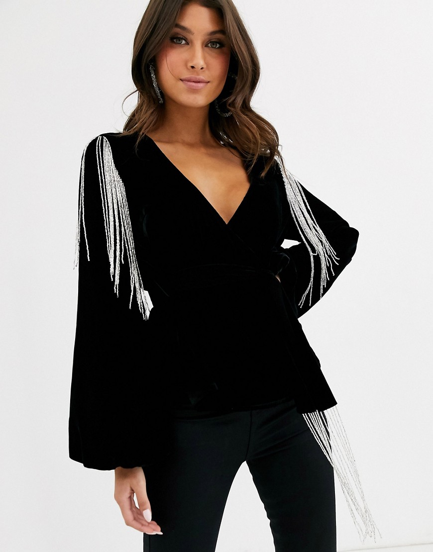 ASOS DESIGN velvet wrap top with fringe embellishment-Black