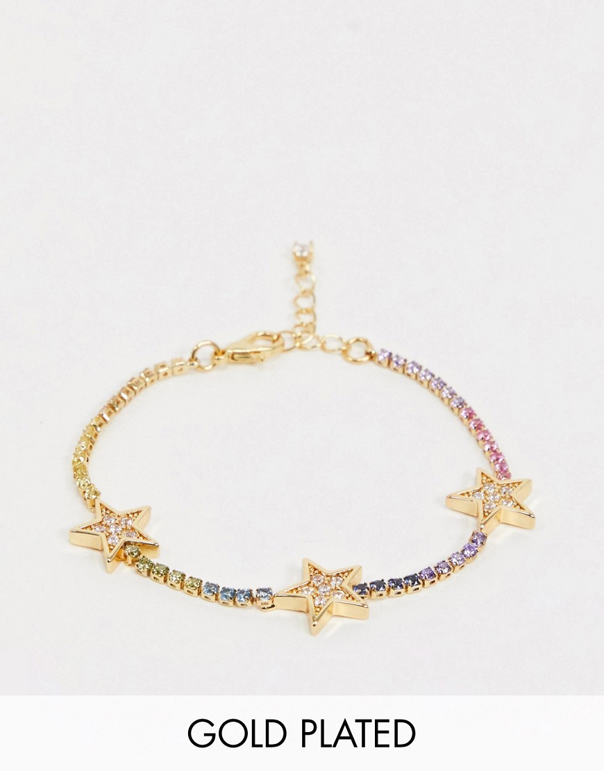 ASOS DESIGN - Vergulde armband met kubusvormige zirkonia kristallen in regenboogkleur en sterren-Goud