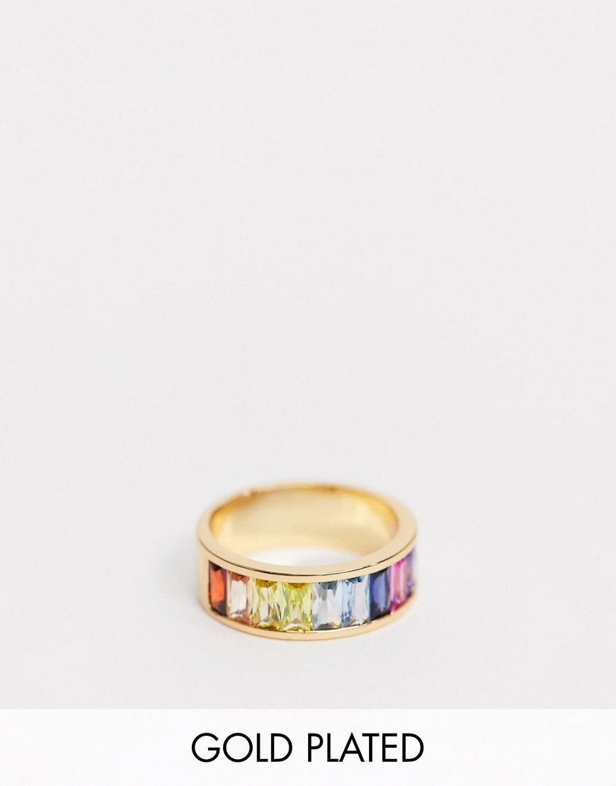 ASOS DESIGN - Vergulde ring met baguette van regenboogkeurige zirkoonkristallen-Goud