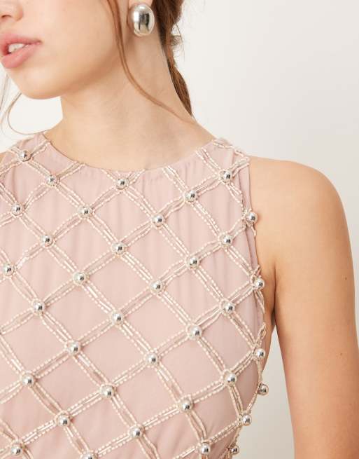 ASOS DESIGN - Versierde maxi jurk met open achterkant en racerhals in taupe, 2 van 4