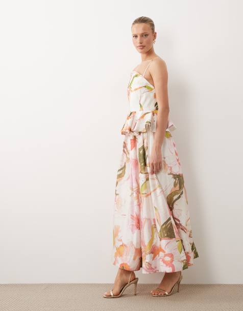 ASOS DESIGN - Versierde midi jurk met peplum en aquarel bloemenprint - view 1