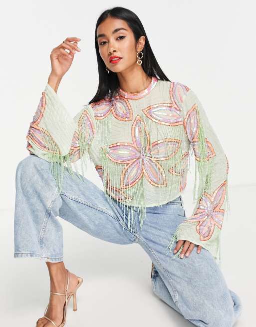 ASOS DESIGN - Versierde top met lange mouwen en bloemenmotief 