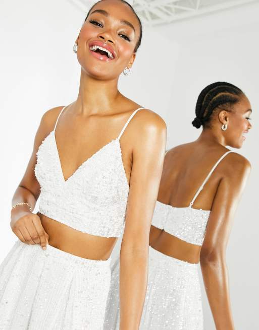 ASOS DESIGN - Versierde trouw-crop top met cami bandjes in wit