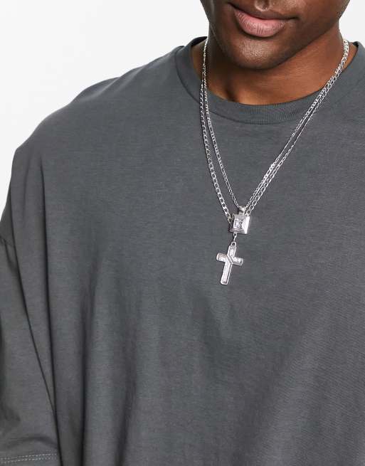 ASOS DESIGN – Versilbertes Halsketten-Set mit Strass-Kreuzanhänger und quadratischem Anhänger im 2er-Pack, 4 von 4