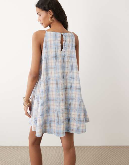 ASOS DESIGN – Verspieltes Minikleid in Blau kariert mit U-Boot-Ausschnitt, 3 von 4
