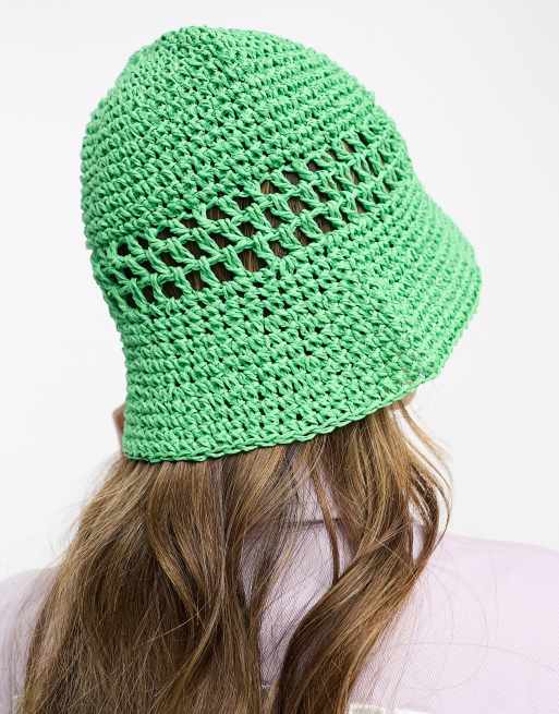 ASOS DESIGN – Verstaubarer Anglerhut in Grün mit Strohoptik und Häkelmuster, 2 von 4