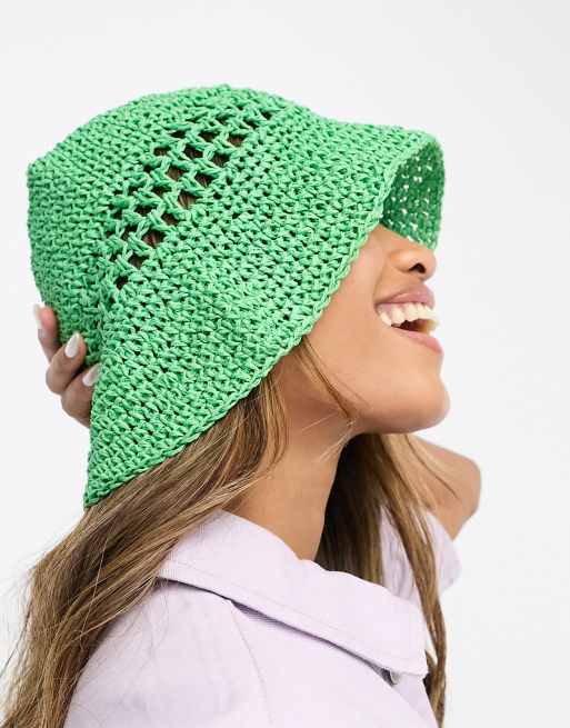 ASOS DESIGN – Verstaubarer Anglerhut in Grün mit Strohoptik und Häkelmuster, 3 von 4